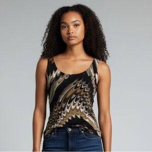 Abstract Brown and Black Sleeveless Tank Top with Swirl Print Size Small